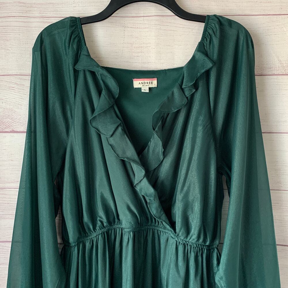 Andree by Unit Shimmery Forest Green Dress Sheer Long Sleeves Ruffle Size L - Picture 2 of 16